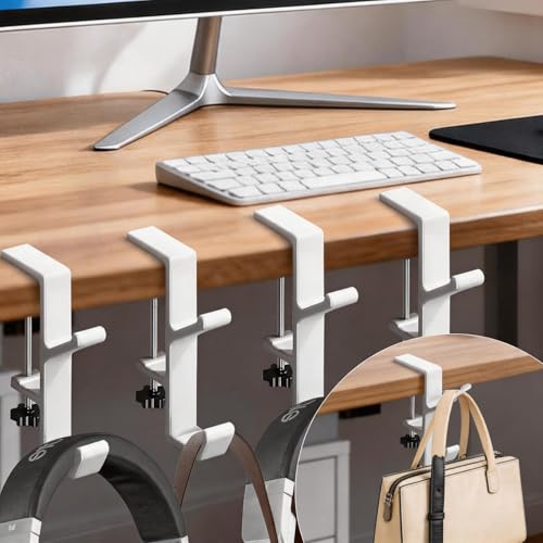 Desk Mount Bag Holder Hook Clamp,On Backpack Hanger Portable Desk Mount Headphones Holder for Reduce Desk Clutter Table Desk Table Hanging Storage (4 Pcs-Double Hook White) - color: 4 Pcs-Double Hook White