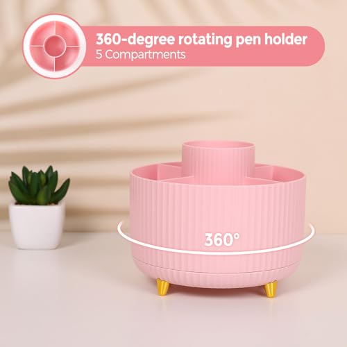 SKYDUE Pink Desk Accessories 10Pcs, Rotating Pen Holder for Desk, Stapler, Staple Remover, Tape Dispenser,2pcs Tape Refills, Binder Paper Clips Kit, Scissor,Pink Office School Supplies - color: Pink