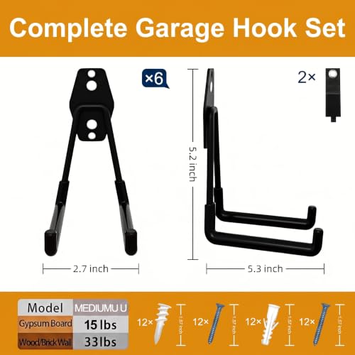 Garage Hooks, 6 Pack Medium Square Wall Hooks for Hanging Heavy Duty Ladders, Bikes, Tools Ideal for Garage, Garden, Basement Utility Room Storage (Black) - color: Black, size: Medium Square-6pcs