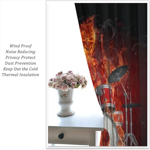 Music Curtain, Skeleton Flame Drums Hell of A Drummer Rock Music Theme Window Treatments Drapes for Boys Girls Teens Bedroom Living Room 42" W X 45" L(No Blackout) - color: Musical-3, size: 20.5"W x 45"L (Pack of 2)