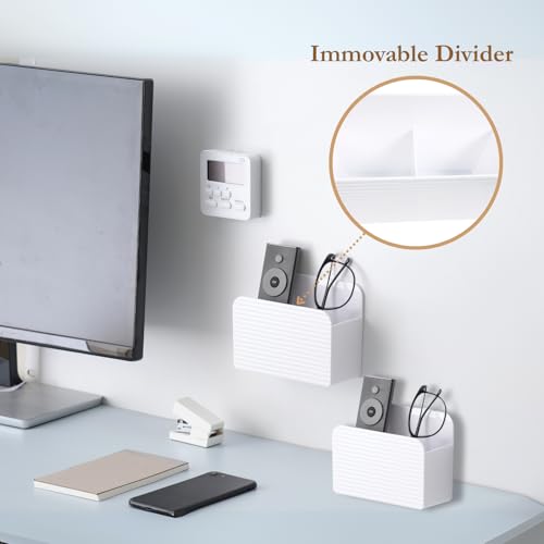 LINFIDITE Adhesive TV Remote Control Holder Wall Mount TV Remote Holder For Bedside Wall Remote Control Caddy Storage Organizer Stand Box （For 2 Or 4 Remote Controls –Whtie – Quantity 1） - color: White, size: 1 Pcs Fxed Dividers