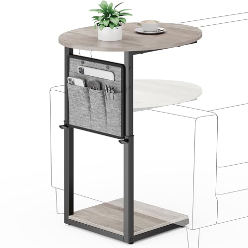 Vagusicc C Shaped End Table, Adjustable Height Small Side Table for Couch and Recliner, 32" Tall Couch Side Table Slide Under Sofa Tray Desk with Storage Bag for Living Room and Bedroom, Greige - color: Greige, style: Ordinary