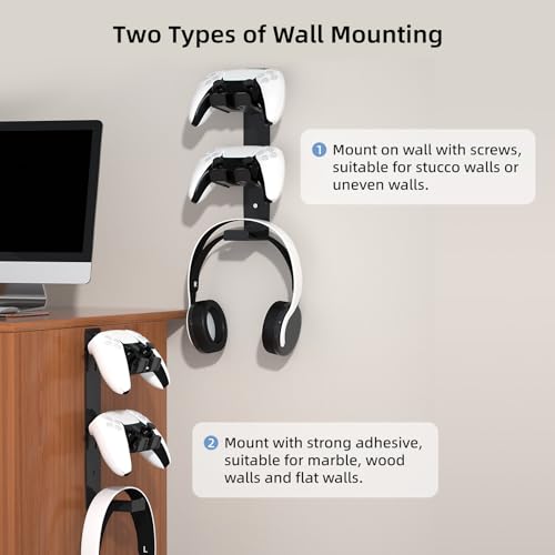 ZYTHRONE Dual Controller Holder Wall Mount, Metal Headset Stand for PS5, PS4, with Stable 3M Adhesive, Strong Adhesive by Screws, Black