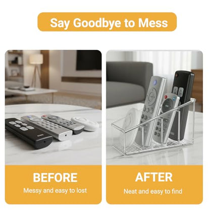 Clear TV Remote Control Holder, PET Remote Caddy with 4 Compartments, Mini Desktop Organizer for Remotes, Pens, Office Desk and Bedside