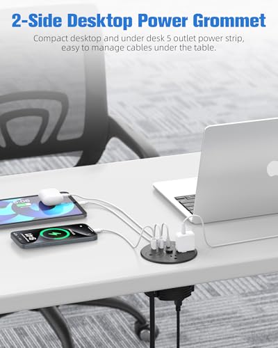 Desktop Power Grommet with 100W USB C, Double-Side Recessed Charging Station Plug in 5AC Outlets & 4 USB Ports, 4-Inch Hole Furniture Flush Mount for Countertop Black - color: Black