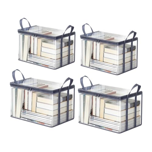 4 PCS Clear Book Storage Containers with Lids - Durable Comic Book Protector & Media Organizer - Collapsible Vinyl Storage Bags with Zipper for Books, Blu-Rays, Office Supplies - 15" x 9.5" x 12.5" - color: Gray, size: 4-Pack