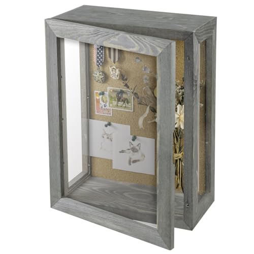 MyGift 11x15 Deep Shadow Box Frame, Display Case Wall Mount for Picture, Heirloom, Home Office Décor, Wedding & Military Memorabilia Display, Solid Wood, Clear Acrylic, Magnetic Lock, Grey - color: Grey