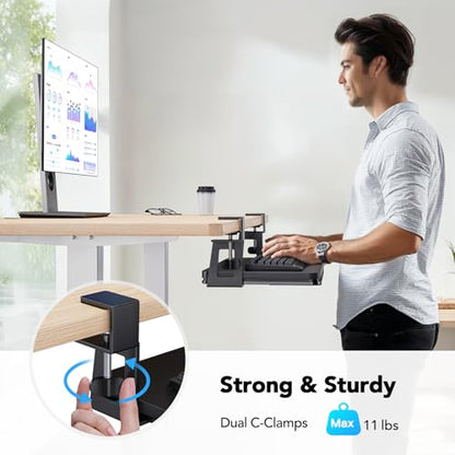 HUANUO Large Under Desk Keyboard Tray with Sturdy C-Clamp Mount, 26 (30.16" Including Clamps) x 12 inch Slide-Out Platform Computer Desk Heavy Duty Keyboard Tray with Storage Drawer for Typing, Black