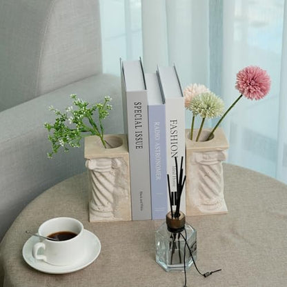 Roman Column Book Ends Decorative, 4-in-1 Heavy Duty Marble Bookend for Shelves, Unique Pen Holder & Mini Flower Vase, Classic Greek Statue for Office Home Desk Decor (2PC, Beige) - style: Classical -Beige