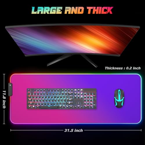 ITNRSIIET RGB Gaming Mouse Pad Full Desk XL Extended Large Gaming Mousepad 12 Lighting Modes, 30% Thicker, Big LED Desk Mat for Keyboard Men Gamers Esport Pros, 32" x 12",Gradient Red Purple - color: Z-gradient Red Purple