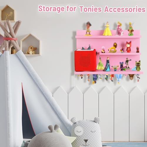 PHOENANCEE for Tonies Shelf Magnetic,for Toniebox Figures Storage Display Shelf 40-48 Character,Wall Floating Shelves Wooden,Compatible Charging Station for Children Kid's Room,Pine,3 Tier - color: Pink, size: 3-Tier