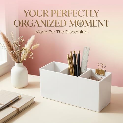 White Acrylic Pen Holder for Desk, 3-Slot Desktop Organizer & Pencil Cup, Makeup Brush Holder for Countertop, Multi-functional Pen Pencil Brushes Holders Caddy (Glossy White)