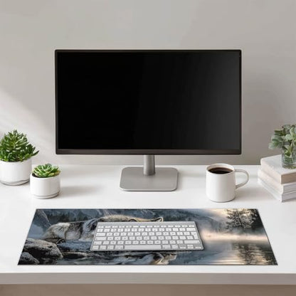 HOMETITUTE XL Mouse Pad Wolf Lake Nature Art Gaming Mousepad 31.5x11.8 Inch Non-Slip Keyboard Desktop Protector Mat Diatomite Large Mouse Pad for Home and Office Desk Accessories - color: Wolf Lake Nature Art