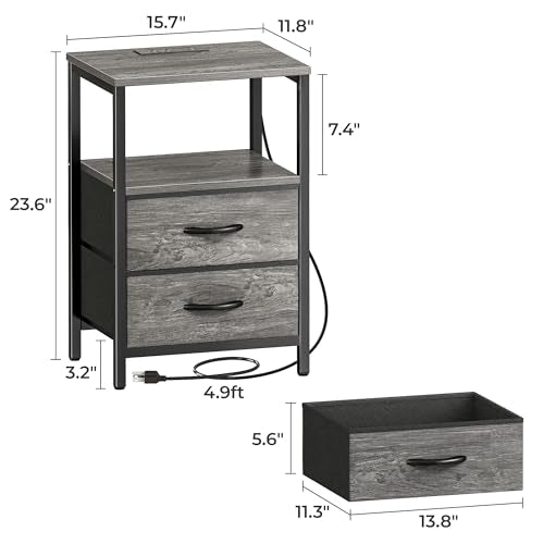 Huuger Nightstand with Charging Station, Fabric Drawers, End Table with Open Shelf, Bedside Table with USB Ports and Outlets, Night Stand for Bedroom, Gray - color: Grey, size: 11.8"d X 15.7"w X 23.6"h (2 Drawers)