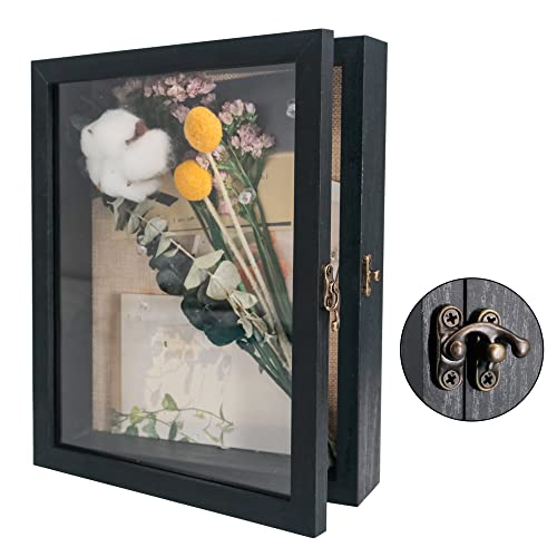 GraduatePro Shadow Box Frame 8x10 Display Case with Linen Back, Real Glass Window Door with Hinge, Picture Frame Wedding Bouquet Memorabilia Medals Photos Memory Box for Keepsakes, Rustic Black - color: Rustic Black, size: 8"x10" (20x25 cm)