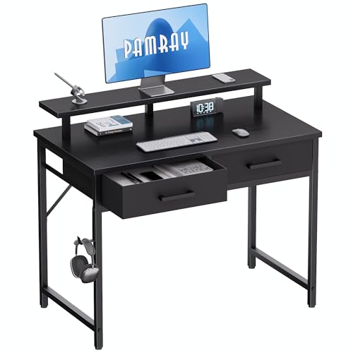 Pamray 32 Inch Small Computer Desk with Monitor Stand Home Office Desks with 2 Drawers for Bedroom Study Writing and Work Table for Small Spaces Black - color: Black