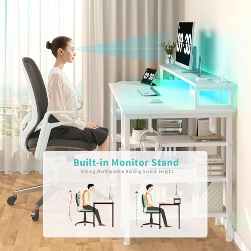 Lufeiya White Desk with Storage Shelves - 47 inch Home Office Gaming Desk with Monitor Stand, Computer Desk with LED Lights and Power Outlets, White - color: White