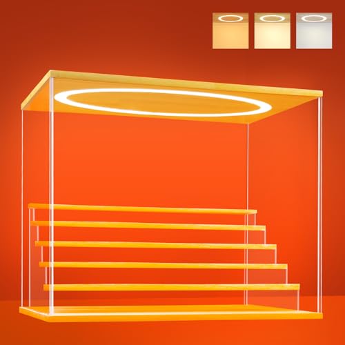 Acrylic Display Case with Adjustable LED Light, 6 L Tier Clear Display Box Dustproof Showcase for Action Figures, Collectibles and Mini Toys, Assembly Display Cabinet(Wood 19.7*12.6*16.5in) - color: Wood, size: 6 Tier 19.7×12.5×16.5in