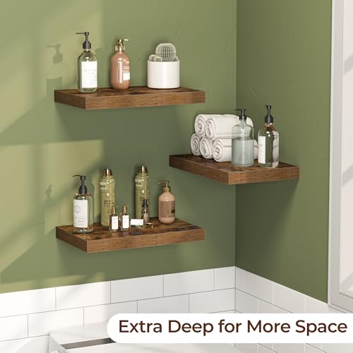 Fun Memories Floating Shelves for Wall 16 Inch Set of 3, Farmhouse Floating Shelves with Invisible Heavy Duty Bracket, 10 Inch Deep Bathroom Shelves for Storage, Living Room, Kitchen, Decor, Brown - color: Brown, size: 16"W x 10"D - 3P