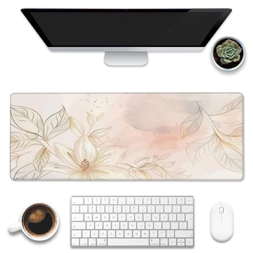 Desk Mat,Minimalist Flowers and Leaves Large Gaming Mouse Pad for Desk XL,Golden Line Floral Desk Pad,Extended Big Computer Keyboard Mouse Pad with Non-Slip Base Stitched Edges 31.5"x11.8" - color: Minimalist Flowers and Leaves, size: XL-31.5"x11.8"
