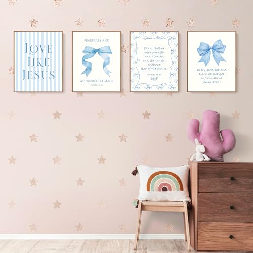 LARTSFRO Coquette Blue Bow Jesus Wall Art Decor Posters, Light Blue Bow Christian Room Bathroom Bedroom Dorm Wall Art Decor Aesthetic for College Teen Girls Gifts, Inspirational Bible Verses Bow Wall Decor, 10x8 Inch Set of 4 Bow Pictures(UNFRAMED) - colo
