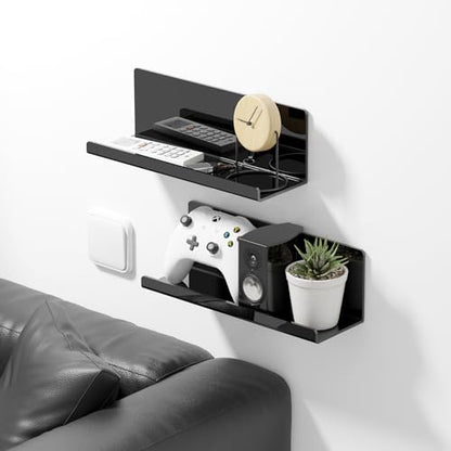 PAVSTINE Acrylic Floating Shelves for Wall No Drilling, Self Adhesive Space-Saving Shelves, 12 Inch Floating Shelf Stick on Wall Shelf, for Bathroom, Kitchen, Bedroom, Office, Gaming Room, Black - color: Black
