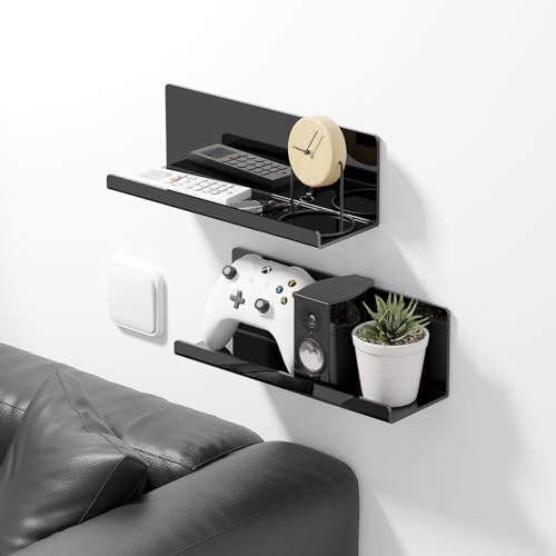 PAVSTINE Acrylic Floating Shelves for Wall No Drilling, Self Adhesive Space-Saving Shelves, 12 Inch Floating Shelf Stick on Wall Shelf, for Bathroom, Kitchen, Bedroom, Office, Gaming Room, Black - color: Black
