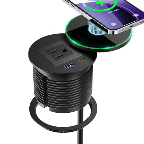 Desk Power Grommet with PD 30W USB C, 15W Wireless Recessed Power Outlets with 1 AC Plugs and 2 USB Ports, Hidden Power Strip for Office Kitchen Cabinet Conference Room