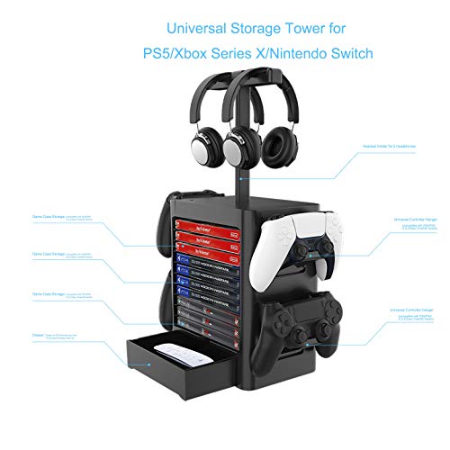 Multifunctional Game Disk Storage Tower Holder,Game Disk Rack and Controller/Headset Stand Holder Compatible with Xbox Series X/Nintendo Switch/PS5/PS4 - color: black