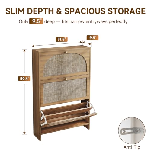 Nicetree Freestanding Ultra Slim Fluted Accent Shoe Storage Cabinet for Entryway - 3 Flip Drawers & 3-Tier Adjustable Shelves, Farmhouse Modern Rustic Shoe Rack for Hallway, Foyer