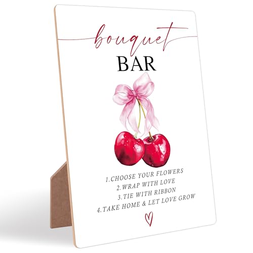 Cherry Wedding Signs for Reception, Pink Bow Bouquet Bar Sign, Berry Wooden Wedding Signs with Stand, Pink Bow Theme Bridal Shower Decorations, Bridal Shower Party Supplies for Reception, 05 - color: Cheery05