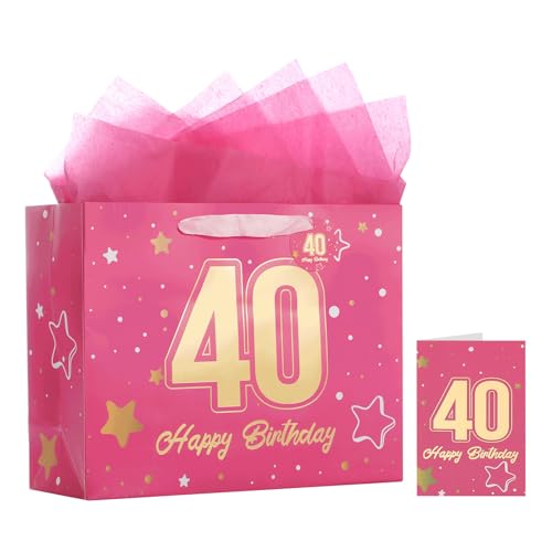 Powbrace 13" Pink 40th Birthday Gift Bag with Tissue Paper and Greeting Card for Party,Happy Birthday Gift Bag for Men Women,Gift Bags Medium size(1 Pink 40th) - color: 1 PCS Pink 40th, size: 1 count (Pack of 1)