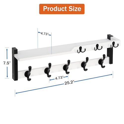 dreampossible 4 in 1 Coat Rack Wall Mount with Shelf, Coat Hooks 25.2" Entryway Coat Hanger with Key Hooks and Mail Holder, Wall Hooks with Shelf, Hat Rack for Wall Key Holder Mail Organizer - color: White
