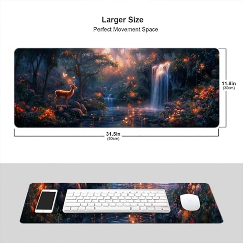 Deer Desk Mat Gaming Mouse Pad 31.5 x 11.8 Inch Nature Forest Waterfall Dreamy Landscape Mousepad XL Large Gaming Mouse Pad Laptop Keyboard Mat Desk Pad Office Computer Keyboard Laptop Home - color: Deer, size: 11.8W x 31.5L inches