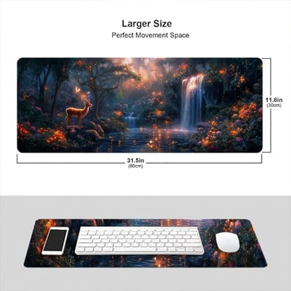 Deer Desk Mat Gaming Mouse Pad 31.5 x 11.8 Inch Nature Forest Waterfall Dreamy Landscape Mousepad XL Large Gaming Mouse Pad Laptop Keyboard Mat Desk Pad Office Computer Keyboard Laptop Home - color: Deer, size: 11.8W x 31.5L inches