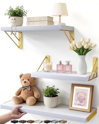 BAYKA Wall Shelves for Bedroom Decor, Floating Wall Shelves for Living Room Kitchen Storage, Wall Mounted Rustic Wood Shelves for Kids Books,Corner Shelves for Bathroom(White and Gold，Set of 3) - color: B. White Board & Gold Brackets, size: 16-inch Mixed