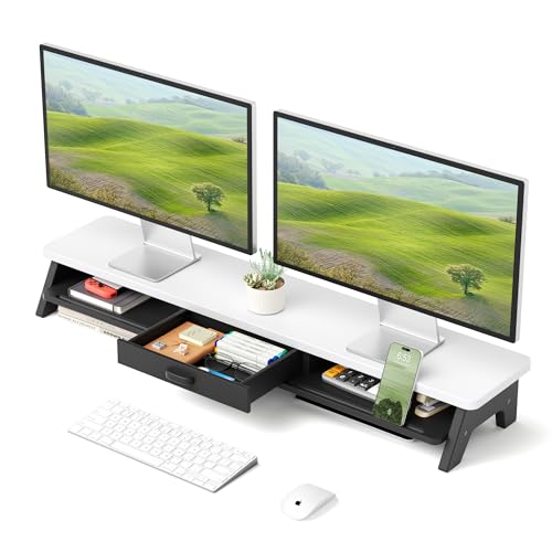 AFOOYO Dual Monitor Stand Riser,LED 2-Tier 39.3 Inch Computer Monitor Stand for 2 Monitors,Office Desktop Organizer with Storage Drawer and Phone Holder for Laptop,PC,Computer,Printer,White - color: LED-White, size: 2 Tier