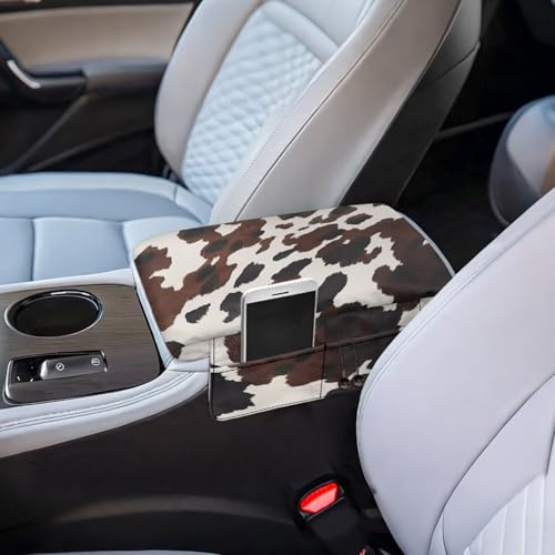Wanyint Black Brown Cow Print Car Center Console Armrest Cover Anti-Slip Armrest Storage Box Mat Anti-Scratch Middle Console Pad Protective Cover Universal Fit Most Vehicle, SUV, Truck - color: Black Brown Cow Print