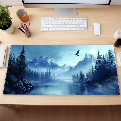 Extended Gaming Mouse Pad XL, Snow Mountain Desk Mat 31.5x15.7, Non-Slip | Majestic large computer desk mat with a soaring eagle and winter mountain landscape print. Ideal for cozy studios. - color: Snow Mountain Eagle