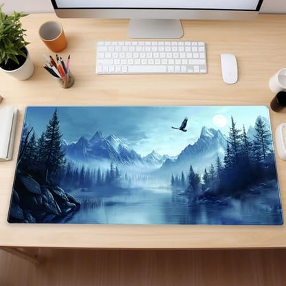 Extended Gaming Mouse Pad XL, Snow Mountain Desk Mat 31.5x15.7, Non-Slip | Majestic large computer desk mat with a soaring eagle and winter mountain landscape print. Ideal for cozy studios. - color: Snow Mountain Eagle