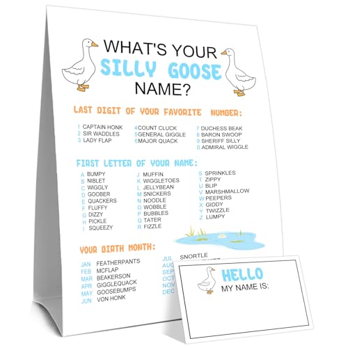What's Your Silly Goose Name Game, What's Your Silly Goose Name Game Card, Gooses Names Games Sign 30 Sticker Cards, Gooses Baby Shower, Birthday Party Activities Decorations Names Card for Boys Girls - style: Sillygoose