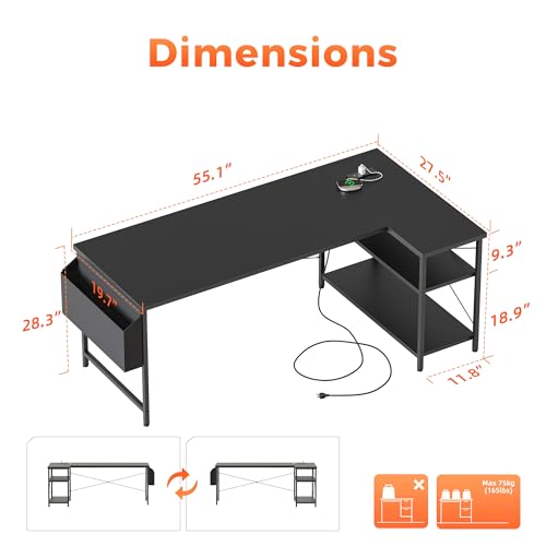Mericonia Small L Shaped Computer Desk with Power Outlets, Reversible Gaming Desk with Storage Shelves, Corner Gamer Desk Table, Study Writing Table - color: Black, size: 54 inch