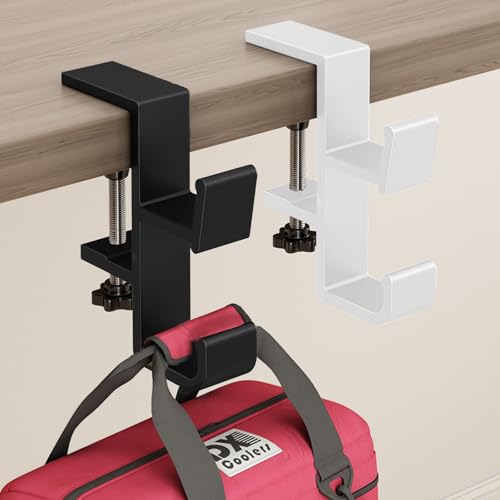 2 Pack Desk Hook for Bag, Under Desk Handbag Hanger, Purse Hook for Table, Aluminum Backpack Holder, Desk Mount Hook for Umbrellas, Headphone, Back to School Supplies, Black+White - color: Black+White
