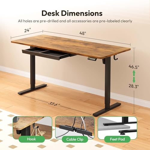 Electric Standing Desk with Drawers,48x24 inches Height Adjustable Sit-Stand Desk with Storage Shelf,3 Preset Heights,Equipped with Hooks,Ergonomic Gaming Table for Home and Study，Brown - color: Brown, size: 48X24