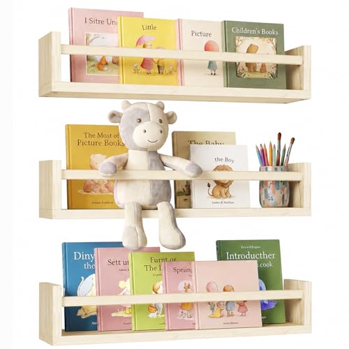 Fixwal Nursery Shelves, 16.5 Inch Floating Bookshelves for Wall Set of 3, Baby Nursery Decor, Solid Wood Wall Mounted Shelves for Books (Natural Wood) - color: Natural, size: 16.5inches