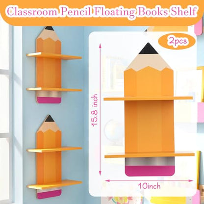 Gerrii 2 Pcs Pencil Wall Bookshelf for Classroom Pencil Classroom Decor Wooden Floating Shelves Rustic Wood Floating Shelf Back to School Party Decoration for Nursery School Daycare Storage