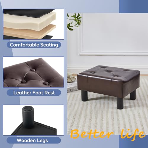 Small Foot Stool Ottoman, Faux Leather Footstool Ottoman Foot Rest for Couch, Rectangle Footstools and Ottomans Small for Living Room, Entryway and Bedroom (Brown) - color: Brown