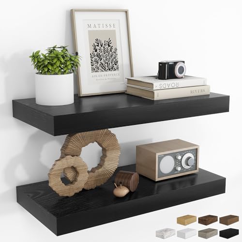 RICHFOCUS 20Inch Floating Shelves for Wall 2 Pack Shelves for Bedroom|Kitchen|Bathroom|Laundry Room Rustic Wood Wall Mounted Shelf with Invisible Brackets for Books|Storage|Decor, Black - color: Black, size: 20"L x 8"D, Set of 2
