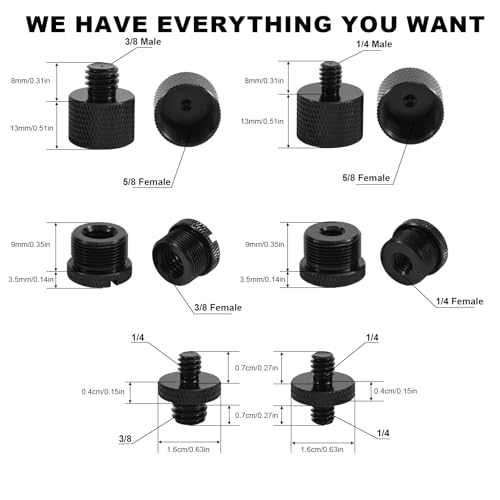 12pcs Microphone Stand Adapter Screws with Extension Tube, Alloy 5/8" Female to 3/8" Male & 5/8 Female to 1/4" Male Mic Stand Thread Mount Adapters for Mic Boom Arm Camera Tripod Recording