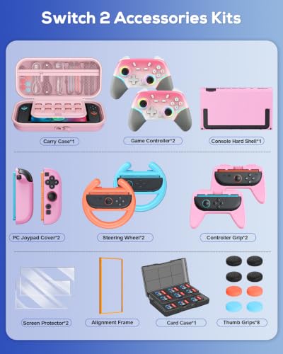 Switch 2 Case Pink and Pro Style Controllers Accessories Girly, Bundle for Nintendo Switch 2 Console,FYOUNG 23 IN 1 Kit:Carrying Case,Protective Shell,Grip for Joycon,Steering Wheel - color: Pink (2*controller)